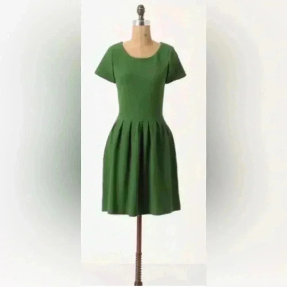 Woman ANTHROPOLOGIE GANNI Green S/s Basket Weave Texture Dress Sz XS EUC
